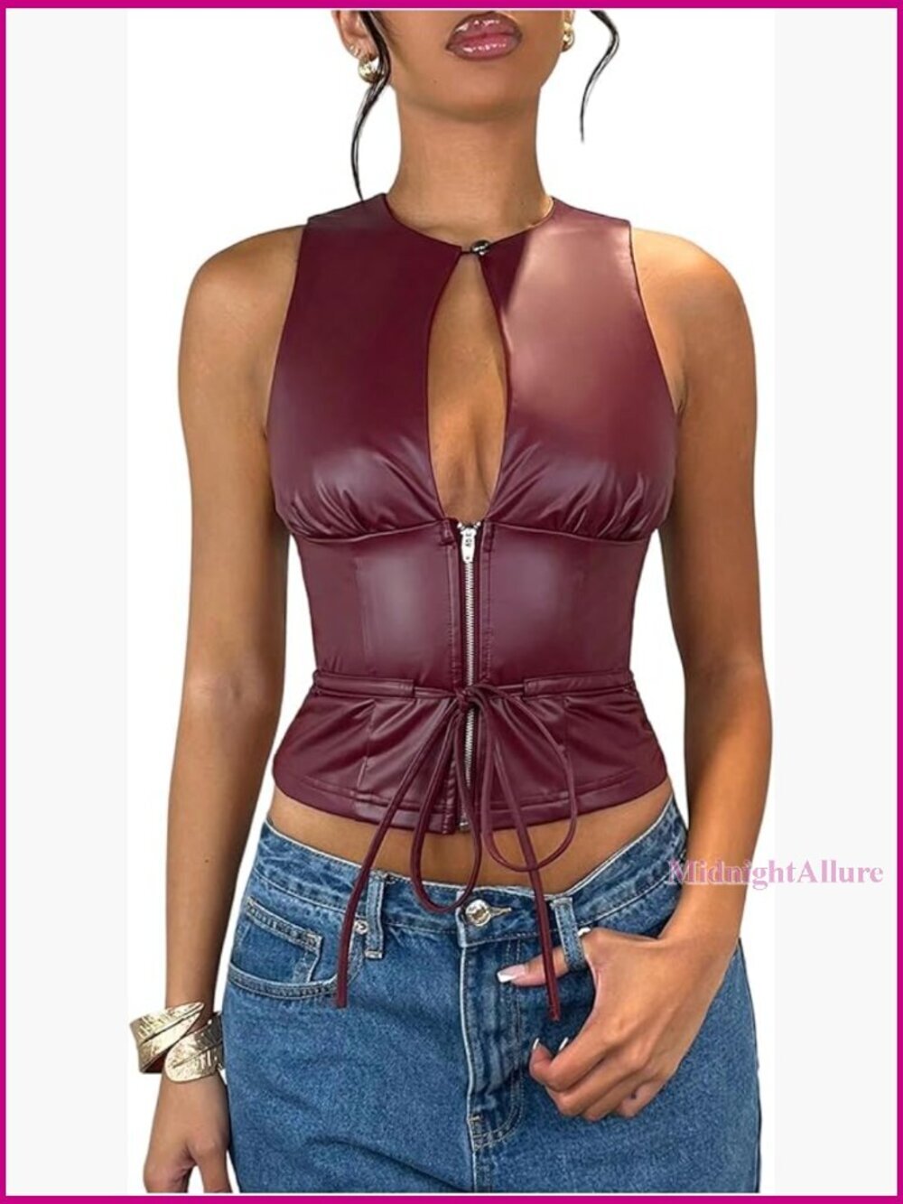 Faux Leather Cut Out Tank Top Tie Knot Sleeveless Slim Fit